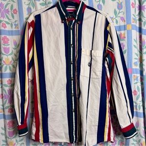 Vintage 90s Nautical Red Yellow And Blue Striped Preppy Button Down Shirt